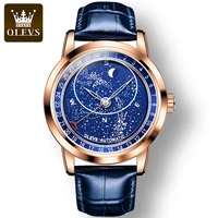 olevs automatic mechanical genuine leather strap watch for men full automatic starry sky fashion waterproof men wristwatches