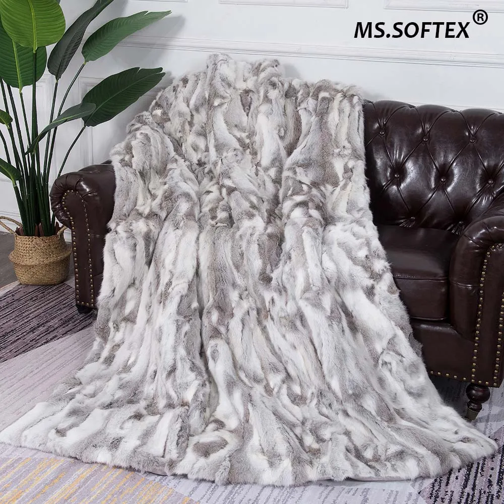 

MS.Softex Blankets For Beds Winter Warm Natural Rabbit Fur Blanket Patchwork Real Rabbit Fur Throw Customized Soft Hand Made