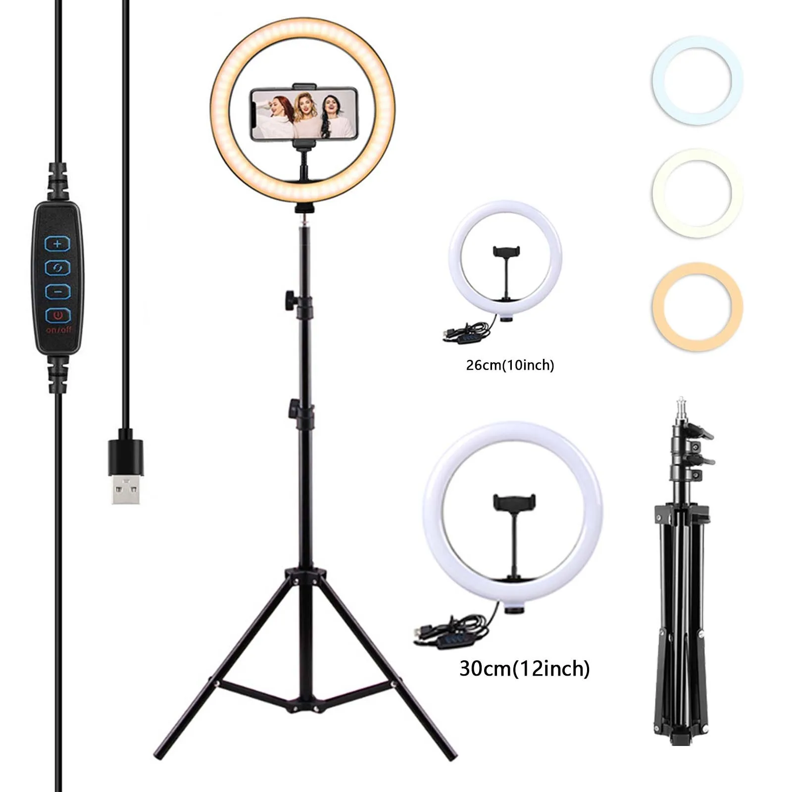 

12"/10" LED Selfie Ring Light Circle Fill Light Dimmable Round Lamp Makeup Photography RingLight with Phone Holder Tripod Stand