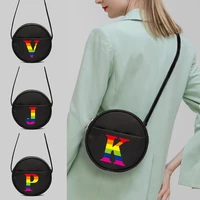 2022womens korean version of the rainbow letter pattern round bag printing commuter diagonal canvas black cosmetic shoulder bag
