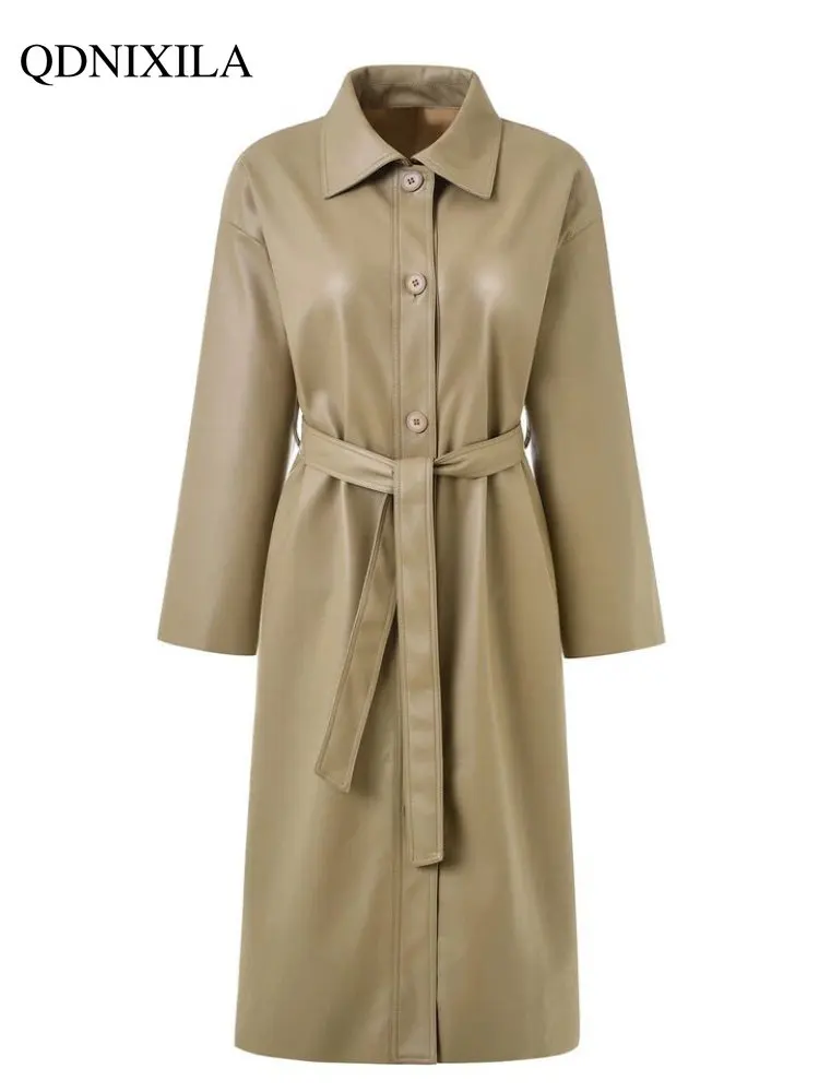 Super Handsome PU Woman Trench Coat Spring and Autumn New In Outerwears Korean Leather Jacket Over-the-knee Long Coat Women