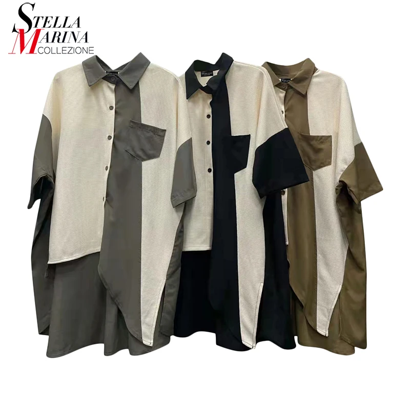 

New White Black Patchwork Design Woman Summer Short-Sleeve Big Size Irregular Blouse Loose Fit Casual Wear Shirt Blusas YA017