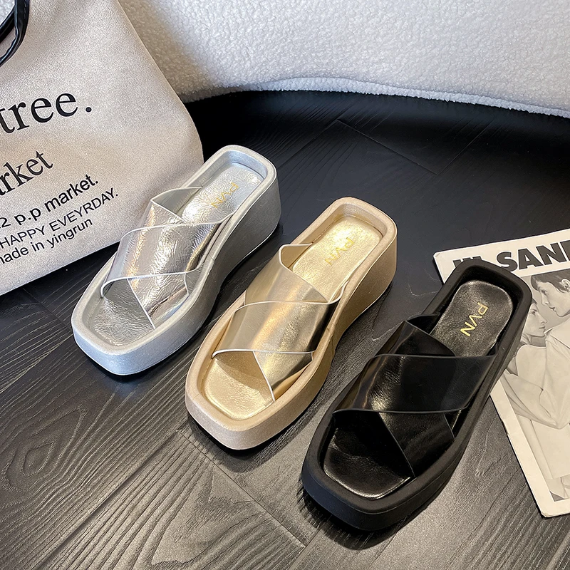 

Gold Wedge Heel Slippers Women's Platform High Heel Peep-toe Comfortable Slippers Outdoor Sliding Casual Beach Sandals Summer