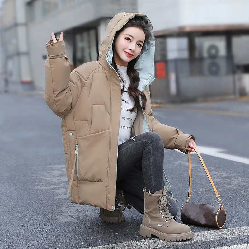 New Autumn Winter Thicken Female Warm Parka Women Casual Solid Color Loose Puffer Big Pocket Hooded Coat Jackets Outwear