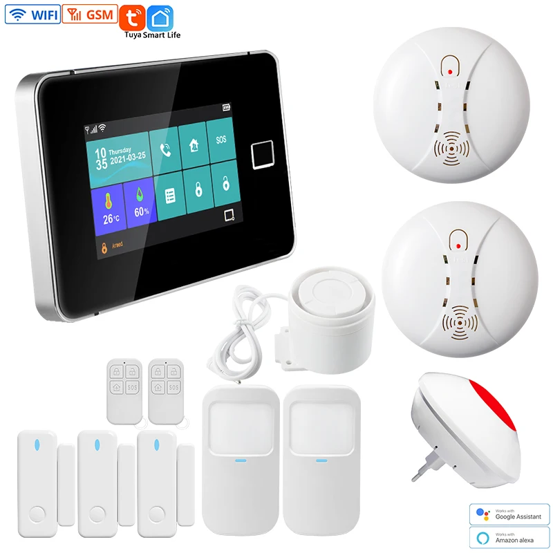 GSM WiFi Home Security Alarm System Smart Tuya Fingerprint Arming Burglar System 4.3 Inch TFT Screen 433MHz Sensor Alarm System