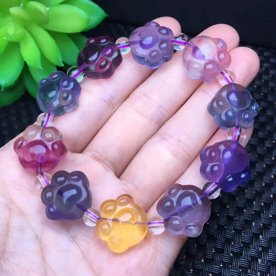 

Genuine Natural Colorful Fluorite Carved Cat Paw Bracelet Clear Beads Crystal Purple Fluorite 14x14mm Women Men AAAAA