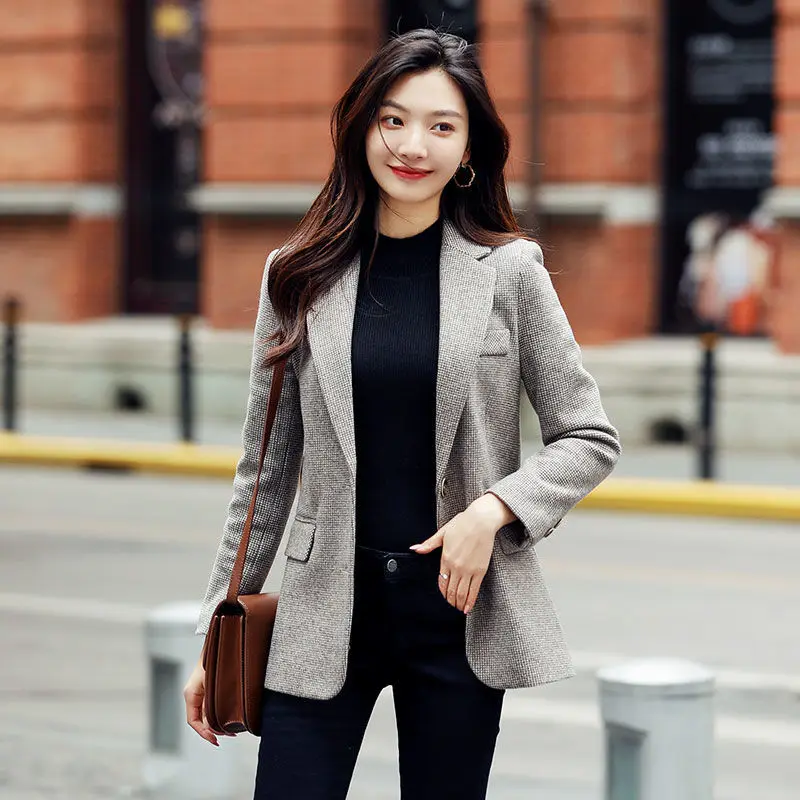 Модный женский офисный костюм в Корейском стиле, подходящие ко всему клетчатые блейзеры, женские зимние пальто 2022, осенняя твидовая куртка, шикарное пальто для женщин