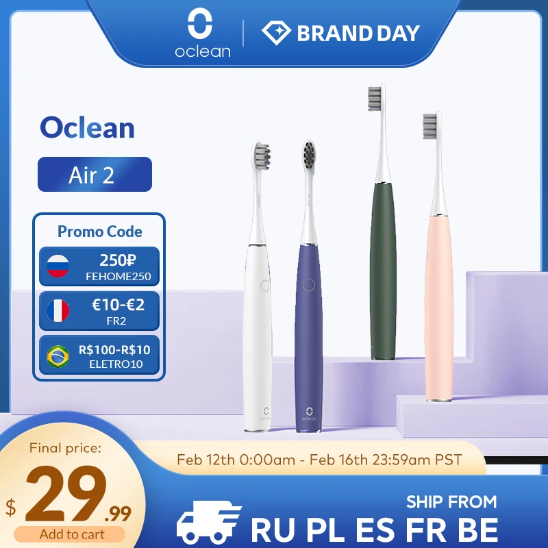 

code：FEHOME250【1500-250₽】 SPHOME300 【1800-300₽】Зубная щетка Oclean Air 2 звуковая электрическая, водонепроницаемая IPX7 с сенсорным экраном, быстрая зарядка, 3 р...