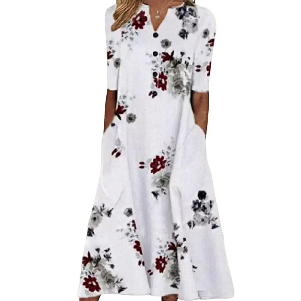 

Summer Casual Dress Women 2023 Button Printing V-neck Flower Print Buttons Loose Butterflies Pattern Midi Dress Women Clothes