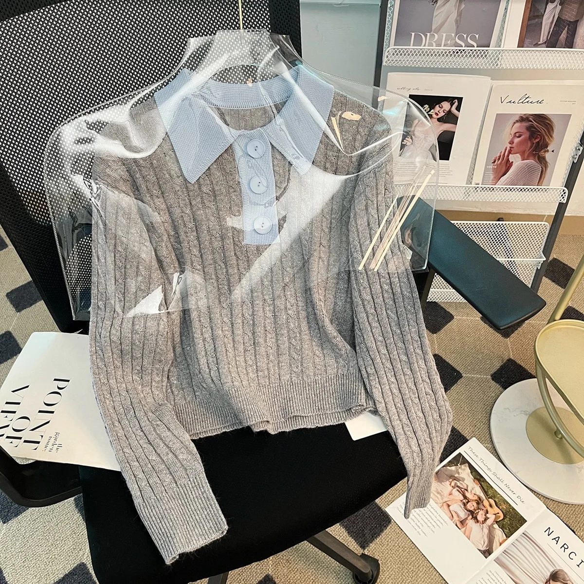 

Женский свитер контрастных цветов, пуловеры, Осень-зима, с длинным рукавом, с воротником-поло, Стрейчевые топы, кардиганы, одежда, серый/розо...