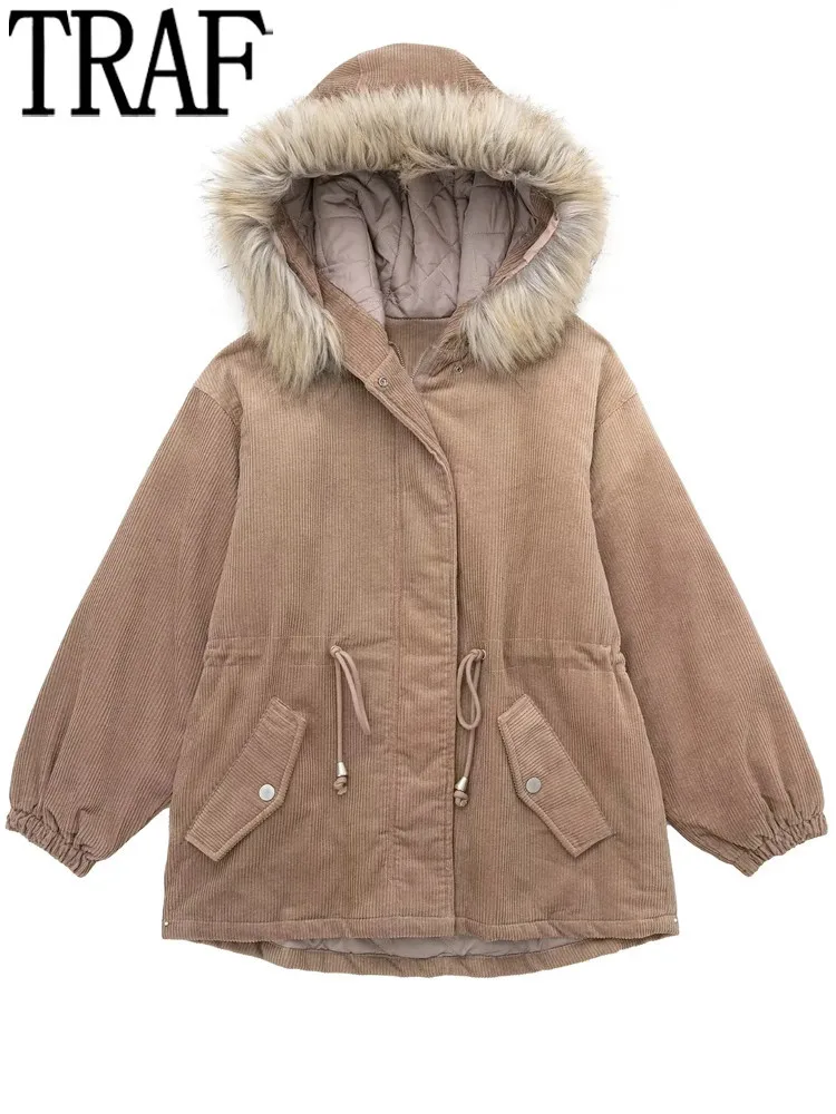 

TRAF Corduroy Parkas Woman Winter 2022 Camel Faux Fur Padded Coat Woman Parka Long Sleeve Very Warm Oversize Heavy Jackets