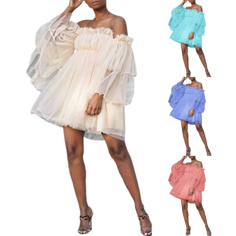 

Women Flounce Long Sleeve Ruffle Mesh Pleated A-Line Cocktail Party Mini Dress 10CE