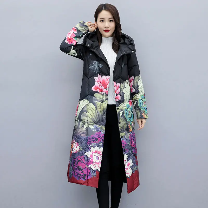 

Женская куртка на утином пуху с принтом, теплая Повседневная Длинная Куртка на утином пуху с капюшоном, верхняя одежда для осени и зимы, T902