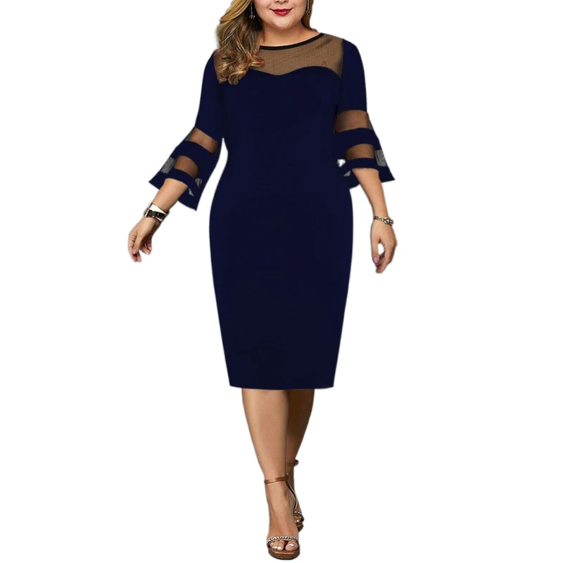 Plus Size Women's Bag Hip Dress Mesh Flared Sleeves See Through Formal Dresses Spring 7-Point Sleeve OL Mid-Length Pencil Dress