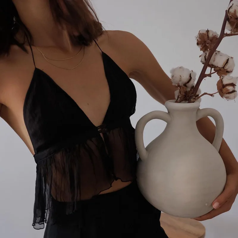 

2020 New Summer Fashion Slim-fit Sling-shaped Striped Halter Neck Bow Halter V-neck Solid Color Bodycon High Street Women's Top