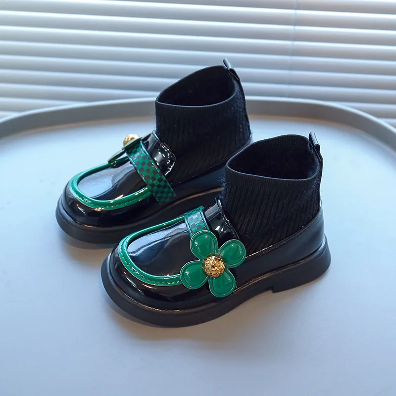 

Fashion Trend Children's Girls Socks Boots Autumn New Knitted Spliced NON-SLIP Leather Boots Comfortable Kids Cute Flower Shoe