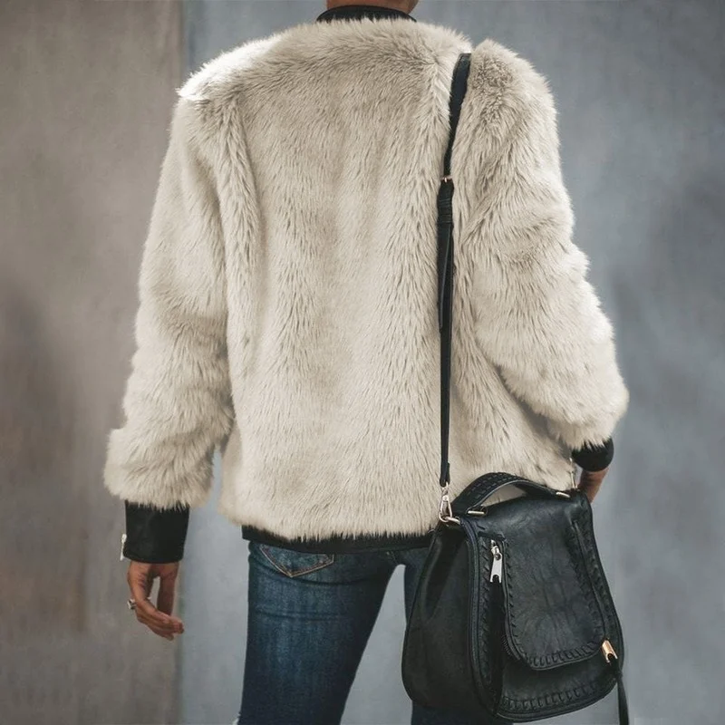 Women Warm Plush Zipper Casual Jackets 2023 Winter Mixed Rabbit Fur Patchwork Coat New Female Solid Color Loose Jacket Outerwear