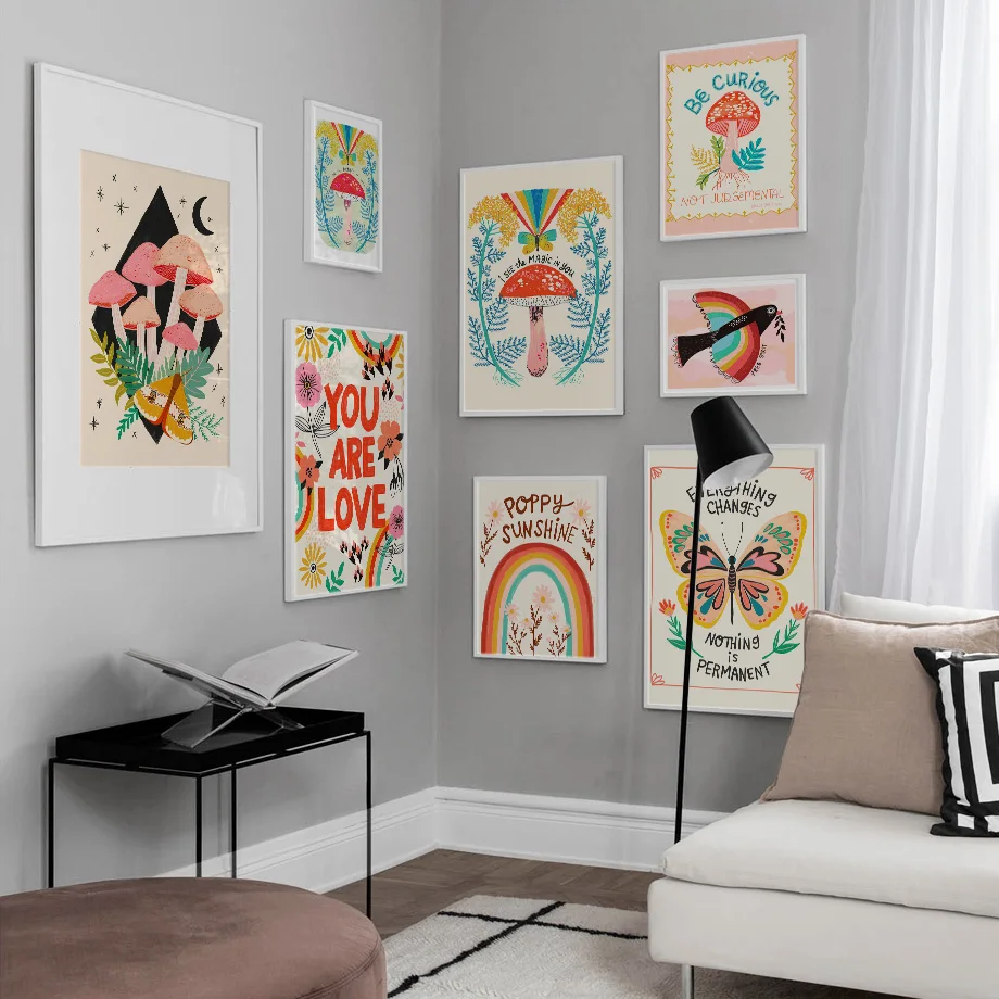 

Cartoon Mushroom Butterfly Birds Rainbow Wall Art Canvas Painting Nordic Posters And Prints Wall Pictures Baby Kids Room Decor