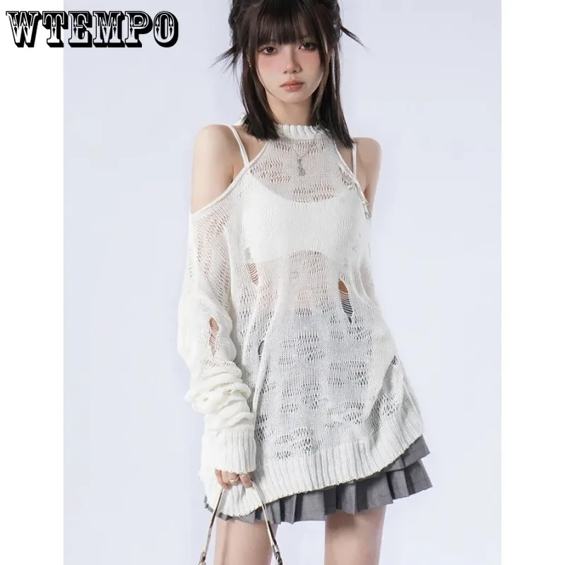 

Thin Hollow Sweater Off Shoulder Sexy Pure Desire Women's Long Sleeve Knit Top Hotsweet Korean Fashion Perspective Spring Autumn