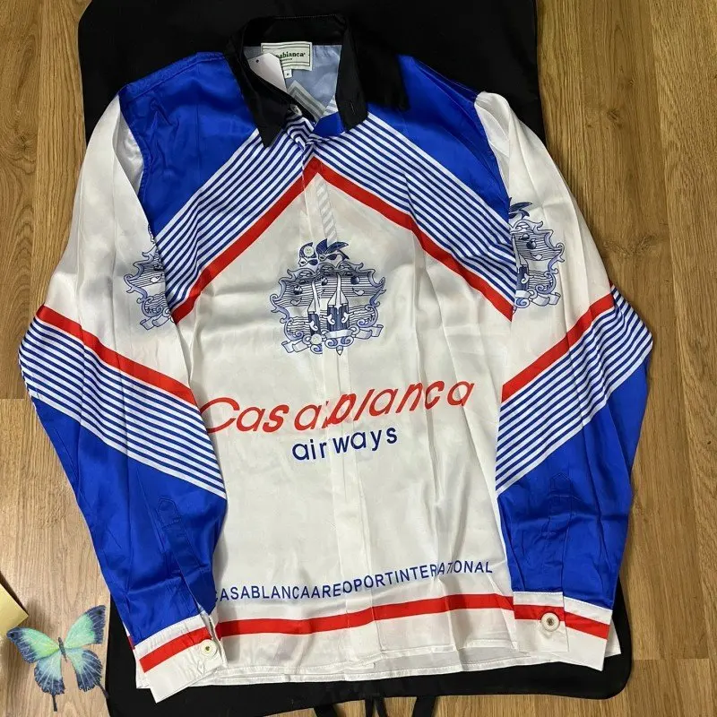 

Casablanca Shirt Blue White Color Contrast Stripe Letter Print Airways Long Sleeve High Quality Soft Shirts For Men Women