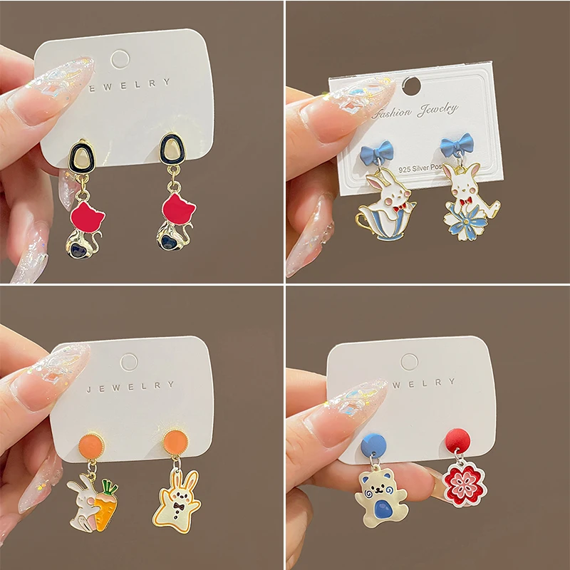 

Korean Sweet Girls Cartoon Drop Oil Cat Bear Rabbit Earrings Fashion Cute Asymmetrical Childlike Earrings Christmas Gift Jewelry