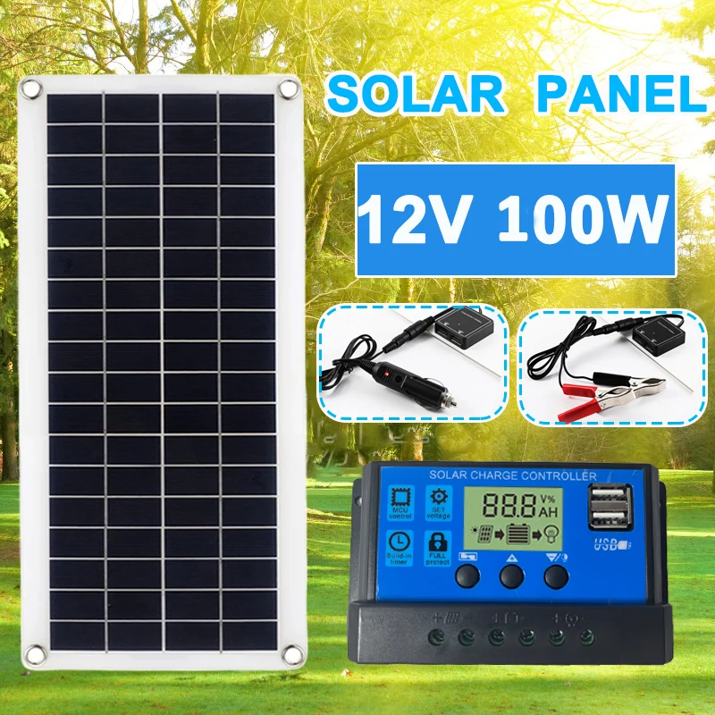 

100W Flexible Solar Panel Kit 12V Battery Charger Dual USB with 30A-60A Controller Solar Cells Powe Complete Panel with Inverter