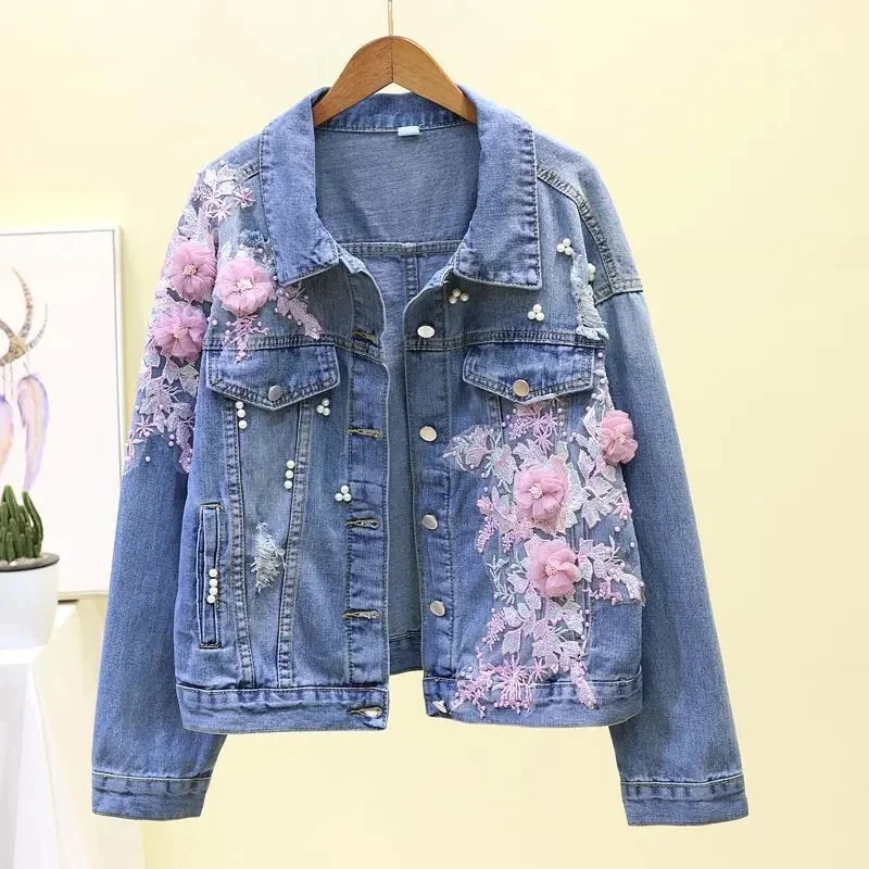 

2023 Spring Autumn New Korean Edition Heavy Industry Embroidery 3D Flower Perforated Denim Short Coat Women's Loose Denim Jacket