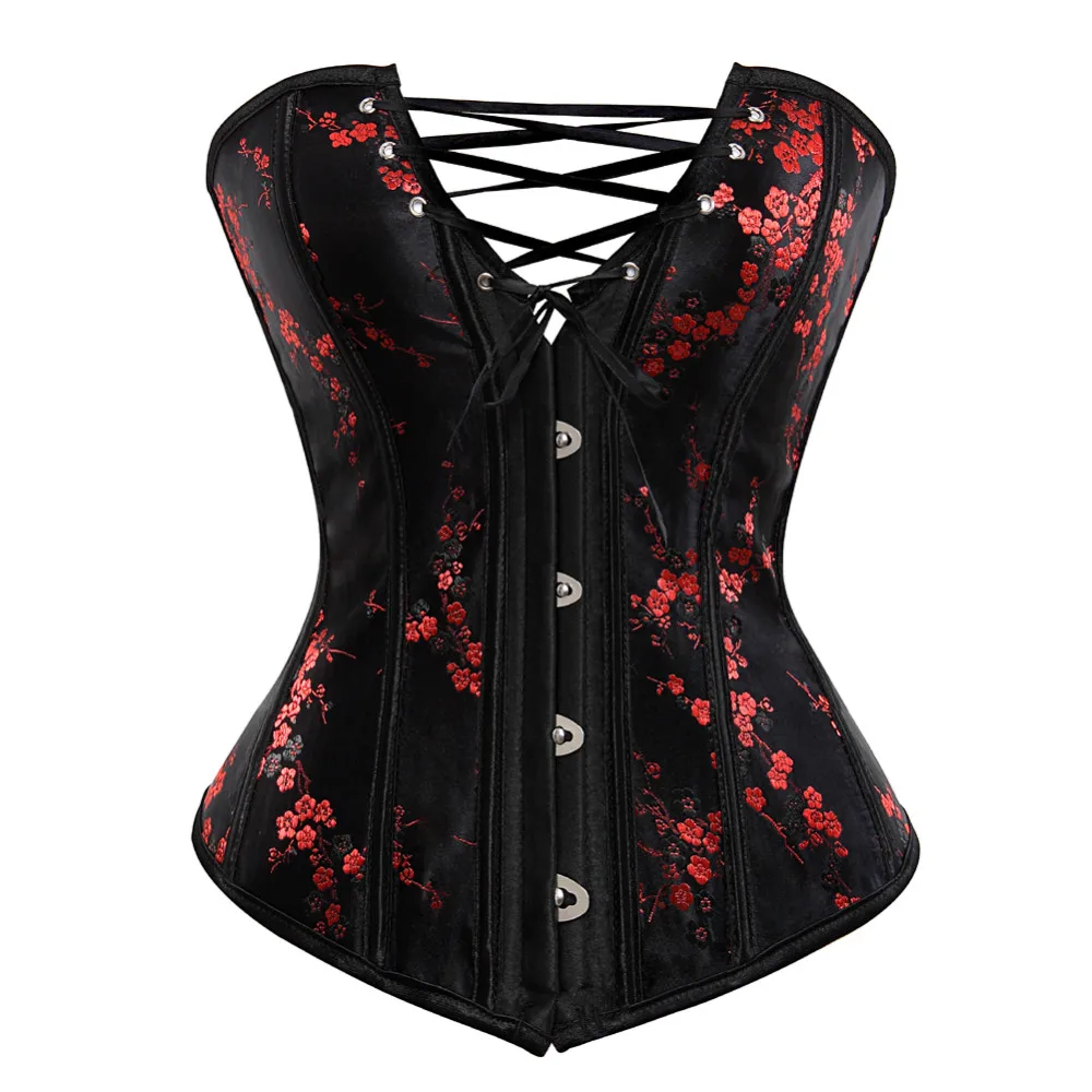 

Women Sexy Brocade Floral Lace Up Corset Waist Cincher Body Shaper Vintage Plum Flowers Overbust Corselet Bustier Lingerie Top