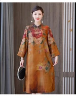spring loose improved cheongsam medium length dress print long sleeve vintage print v neck dresses for mother
