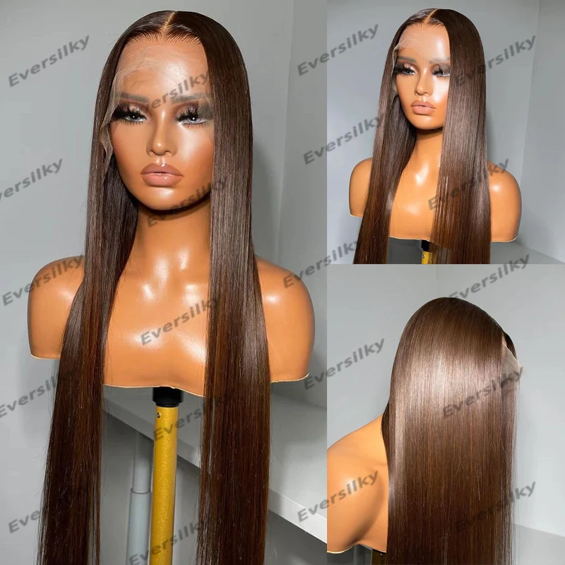 Cool Chocolate Brown Glueless Long Silky Straight Peruvian 100% Human Hair 360 Lace Front Wigs for Black Women Glueless Remy Wig