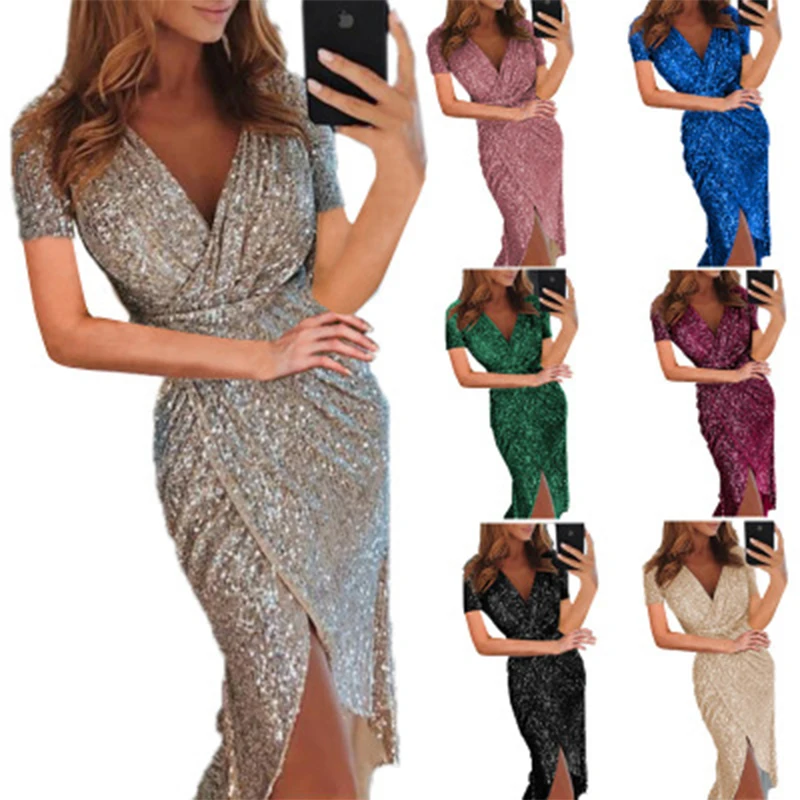 

2022 New Women's Gilded Short Sleeve V-neck Shiny Dress Dinner Sexy Dress Irregular Hem Pullover Long Dress