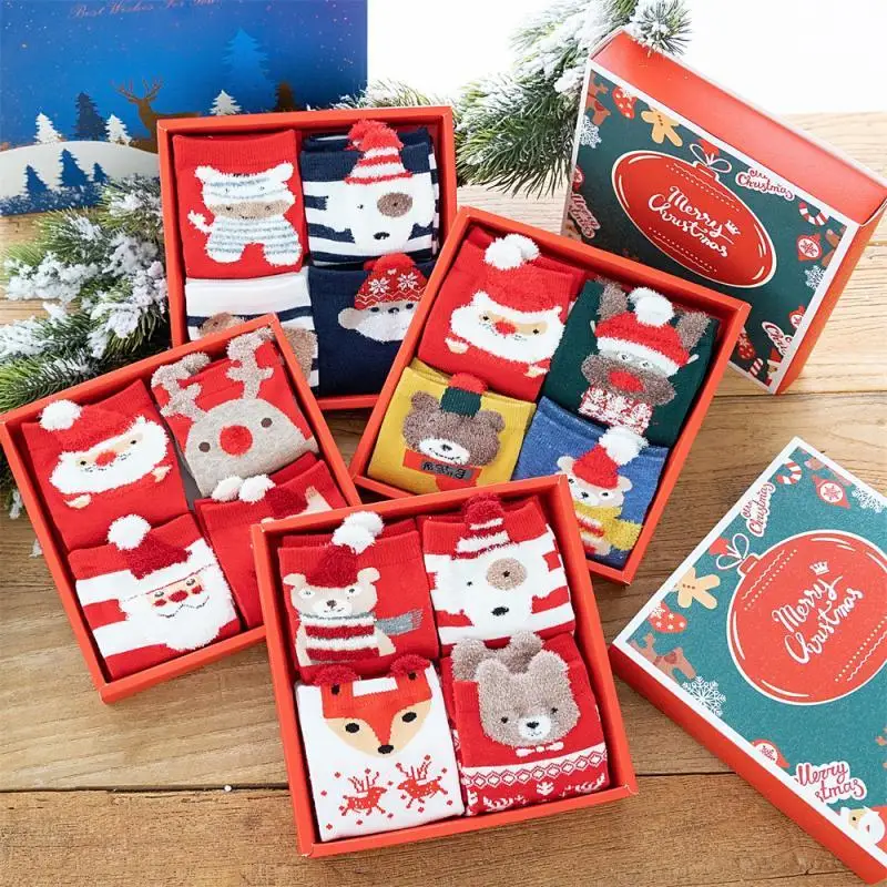 

4 шт. в подарочной коробке, милые рождественские носки с оленем, снеговиком, Санта-Клаусом, хлопковые носки, теплые рождественские Новогодни...
