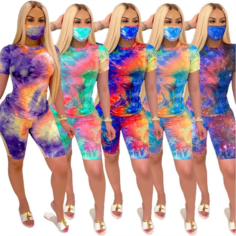 

European and American women's clothing tie-dye round neck casual fashion home sports tight shorts short-sleeved suits yoga fitne