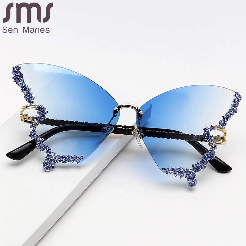 

Luxury Shiny Diamonds Butterfly Sunglasses Women Men Trends Punk Rimless Sun Glasses Brand Designer Big Size Eyeglasses Eyewear