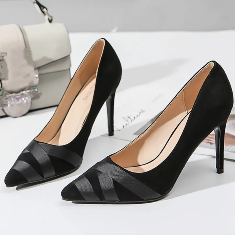 

Spring Autumn Shallow Flock Thin High Heels Shoes for Women Pumps Pointed Toe Slip-On Fashion Party Office Ladies Womans Shoes