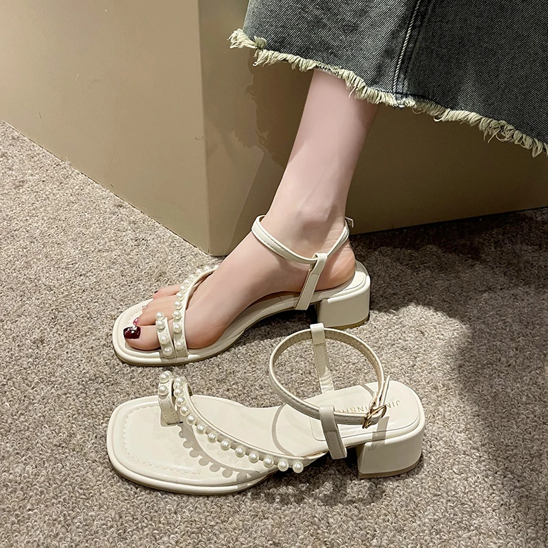 

Женские босоножки с жемчужинами, однотонные босоножки на ремешке, лето 2023