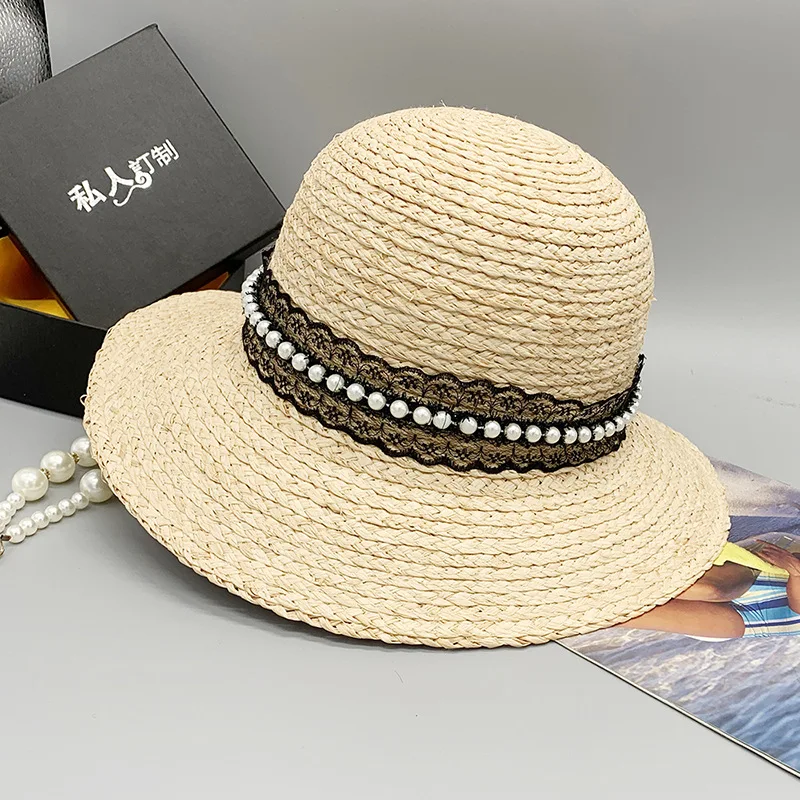 

Women Summer Straw Hat Dome Cloche Lace Pearls Band Ladies Church Hat Big Wide Brim Beach Sun Hat Beach Hat Sombreros Adjustale