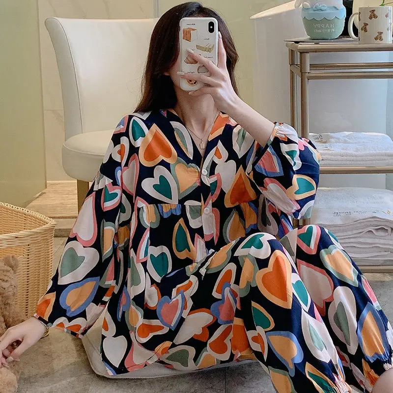 2023 new summer cardigan cotton silk pajamas women spring and autumn thin rayon household clothes girls cotton silk suit