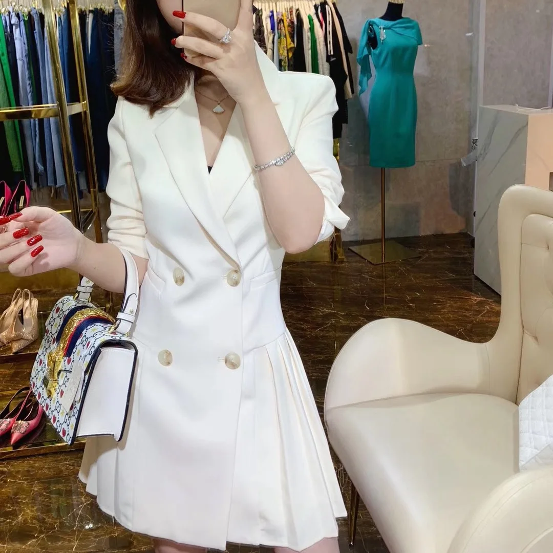 

Autumn 2021 Female Pleated Slim White Skirt Suit Quinceanera Dresses Fashion Long Sleeve Short Style Elegant Evening Party Robes