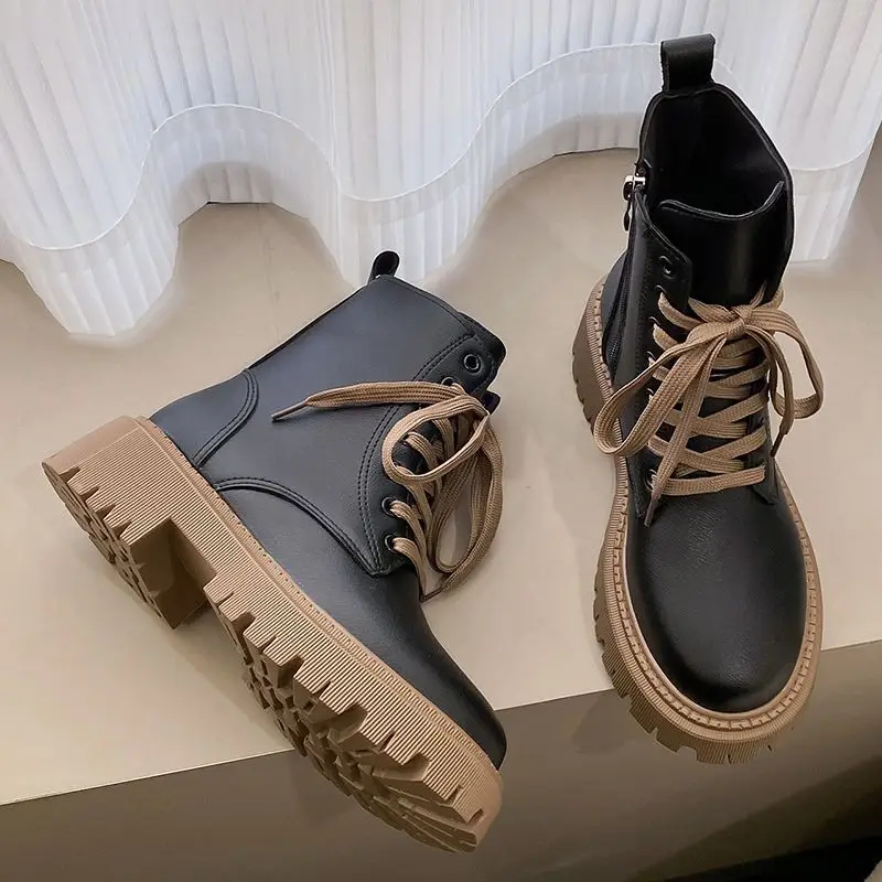 Boots for Wmen 2023 Spring Autumn Lady British Style Fashion Lace Up White Shoes Daily Joker Outside Wear Shoes Female