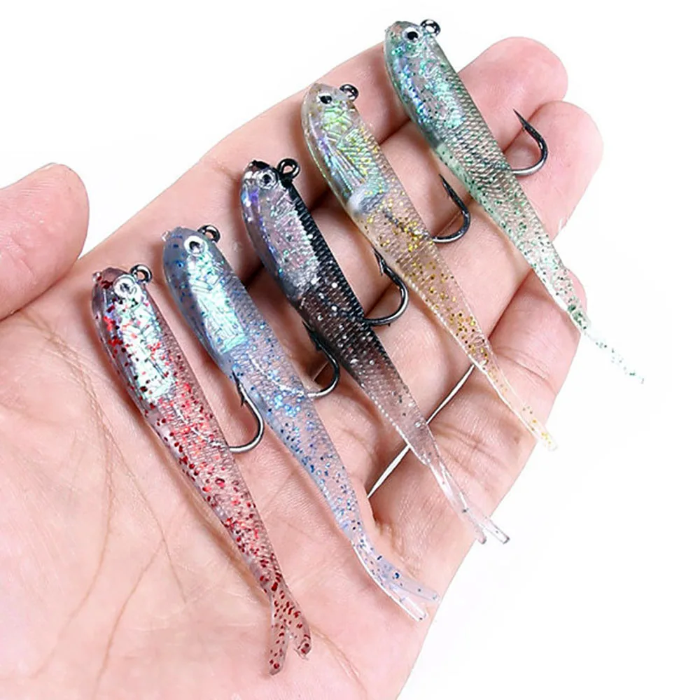 

Soft Lure 5PCS Baits Fish Hook 3D Eye Luminous Colorful Artificial Bait Pesca Swimbait Carp Silicone Fork Tail Tackle Fishing