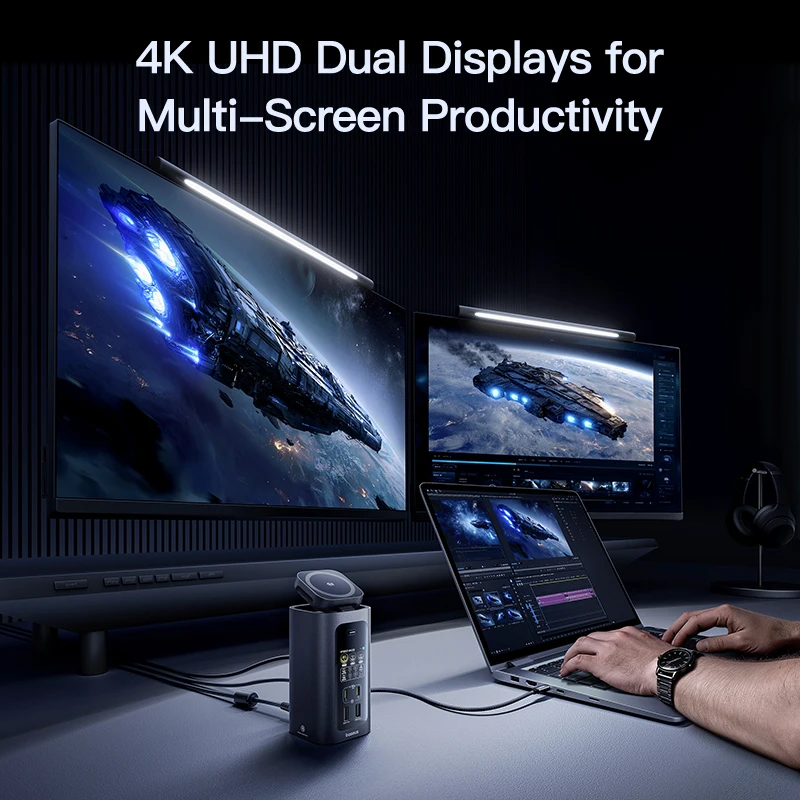 Фото Многофункциональный USB-C хаб Baseus 160W 15-в-1 с 2 портами HDMI 4K@120Hz/60Hz, беспроводной зарядкой Qi2.2 25W и адаптером GaN 180W (EU/US), док-станция №3