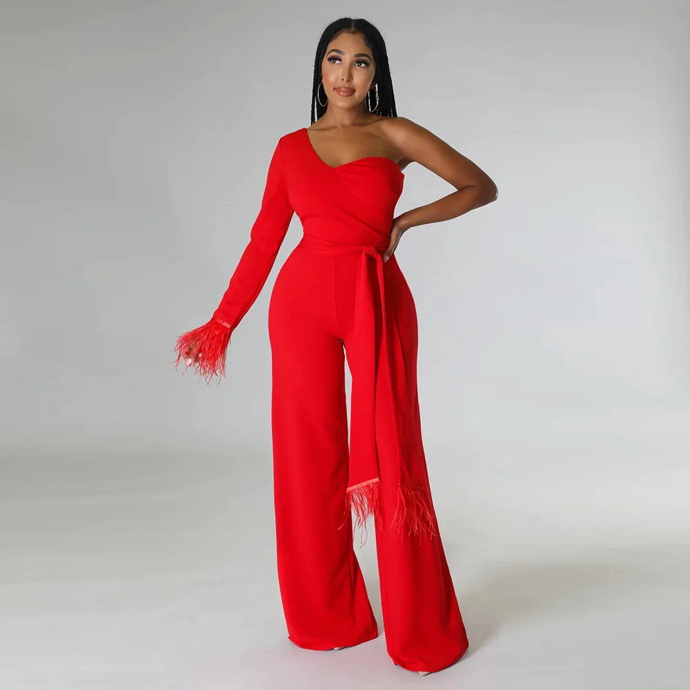 Autumn Casaul Women Jumpsuit One Shoulder Bandage Sportwear Long Wide Leg Playsuit Romper Women Jumpsuit Overalls