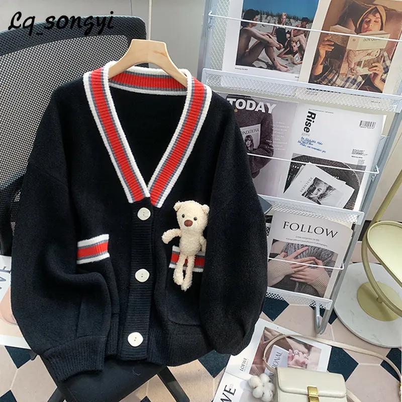 

Свитер в стиле преппи, кардиган из искусственной норки и кашемира, вязаное пальто, Осень-зима, женская утепленная куртка с V-образным вырезом для девочек Y2k, Lq_songyi SY62