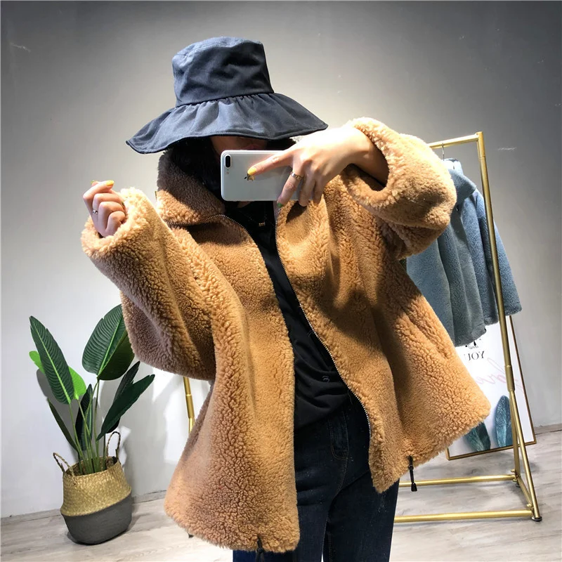 ICCLEK 2022 fur coat women's autumn and winter thickened loose wool grain sheep shearer cardigan short zipper