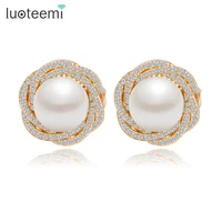 luoteemi champagne white gold color pearl stud earrings uniuqe tiny cubic zircon women fashion big statement flower christmas