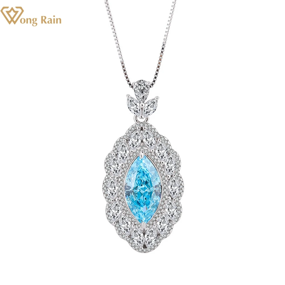 

Wong Rain, 100% Стерлинговое Серебро 925 пробы, огранка маркиза, аквамарин, созданная Moissanite, драгоценный камень, подвеска, ожерелье для женщин, изыск...
