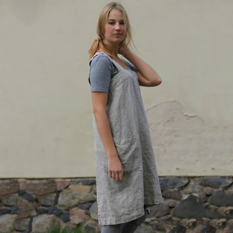 

Woman Cottagecore Dress Black Cotton Hemp Apron Simple Homewear 2021 Cute Women Spring Autumn Costume All Match Apron Sleeveless