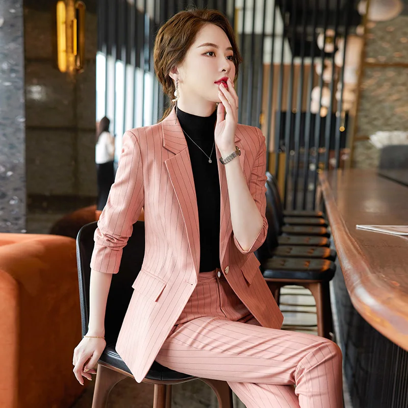 

2022 Autumn Winter Formal Ladies Pink Stri Blazer Women Business Suits with Sets Work Wear Office Uniform 5XL Size Pants Jacket