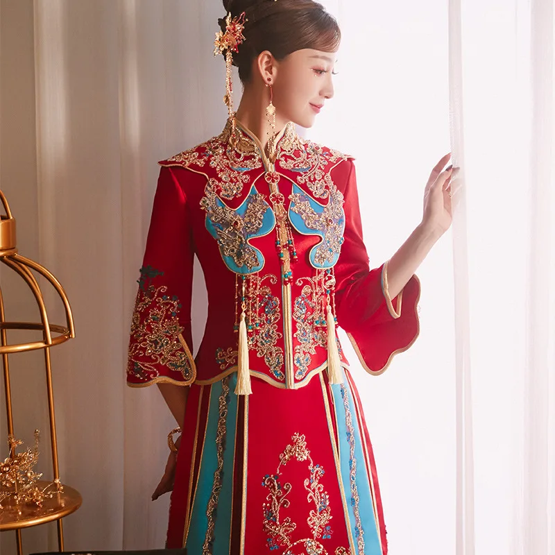 Bride Wedding Dress Retro Chinese Sequins Beading Embroidery Tassels Cheongsam Toast Clothing